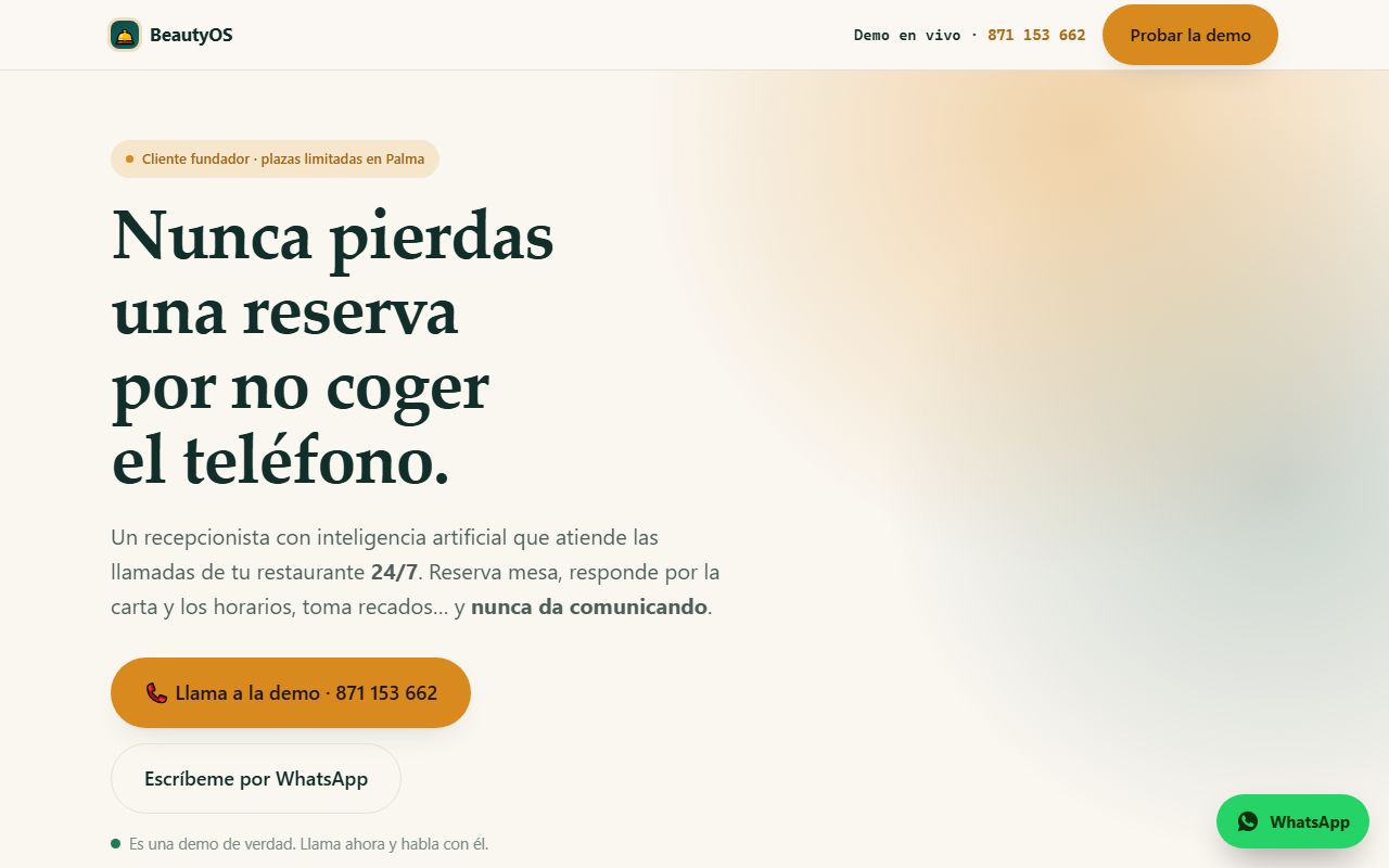 Landing de recepcionista con IA para restaurantes que atiende llamadas 24/7