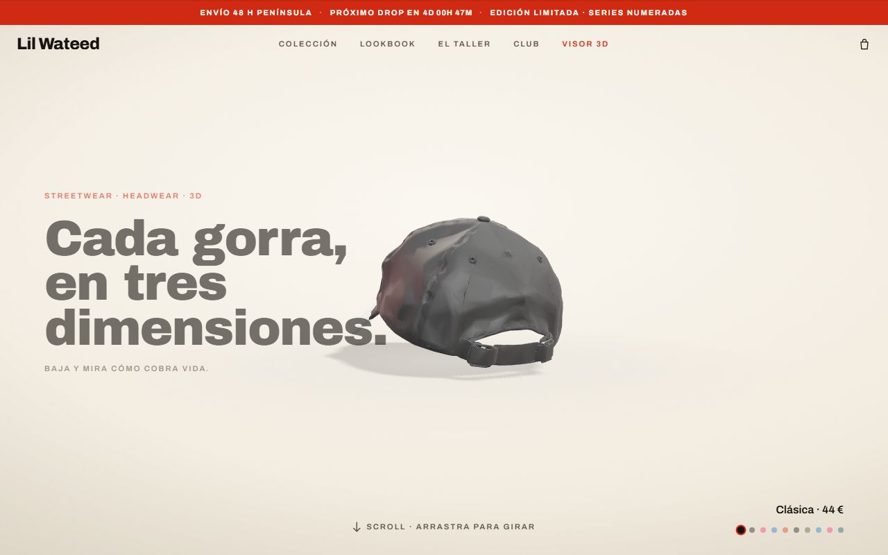 Tienda de gorras streetwear con visor 3D: arrastra y gira cada gorra