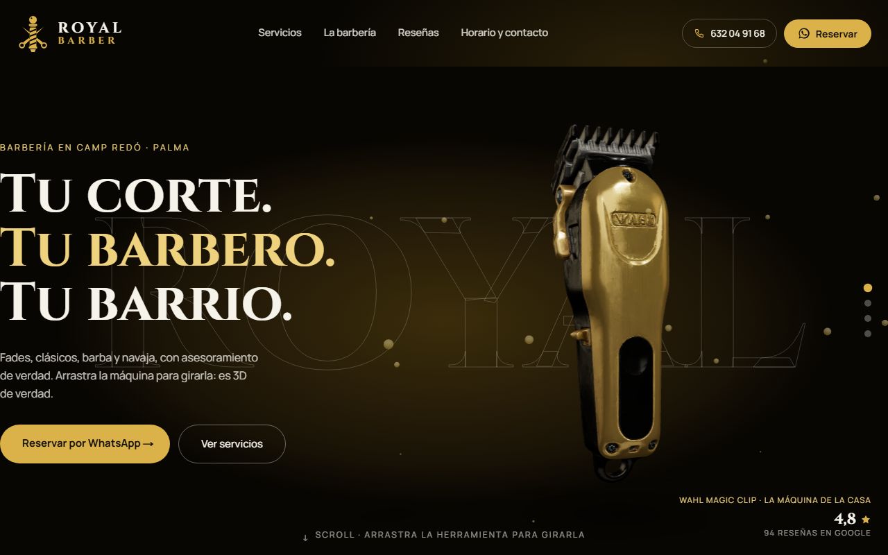 Web de Royal Barber, barbería en Palma con reservas por WhatsApp