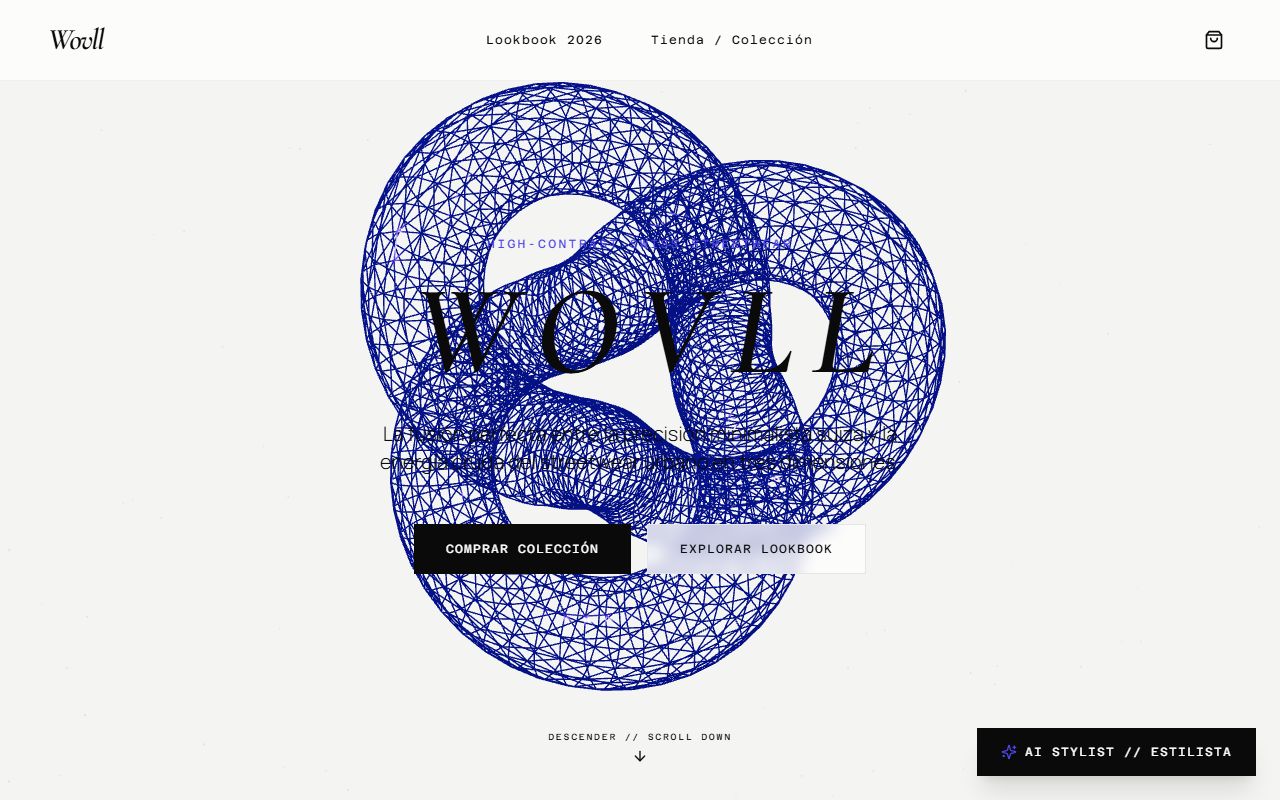 Tienda de streetwear de lujo con lookbook y piezas en 3D interactivo